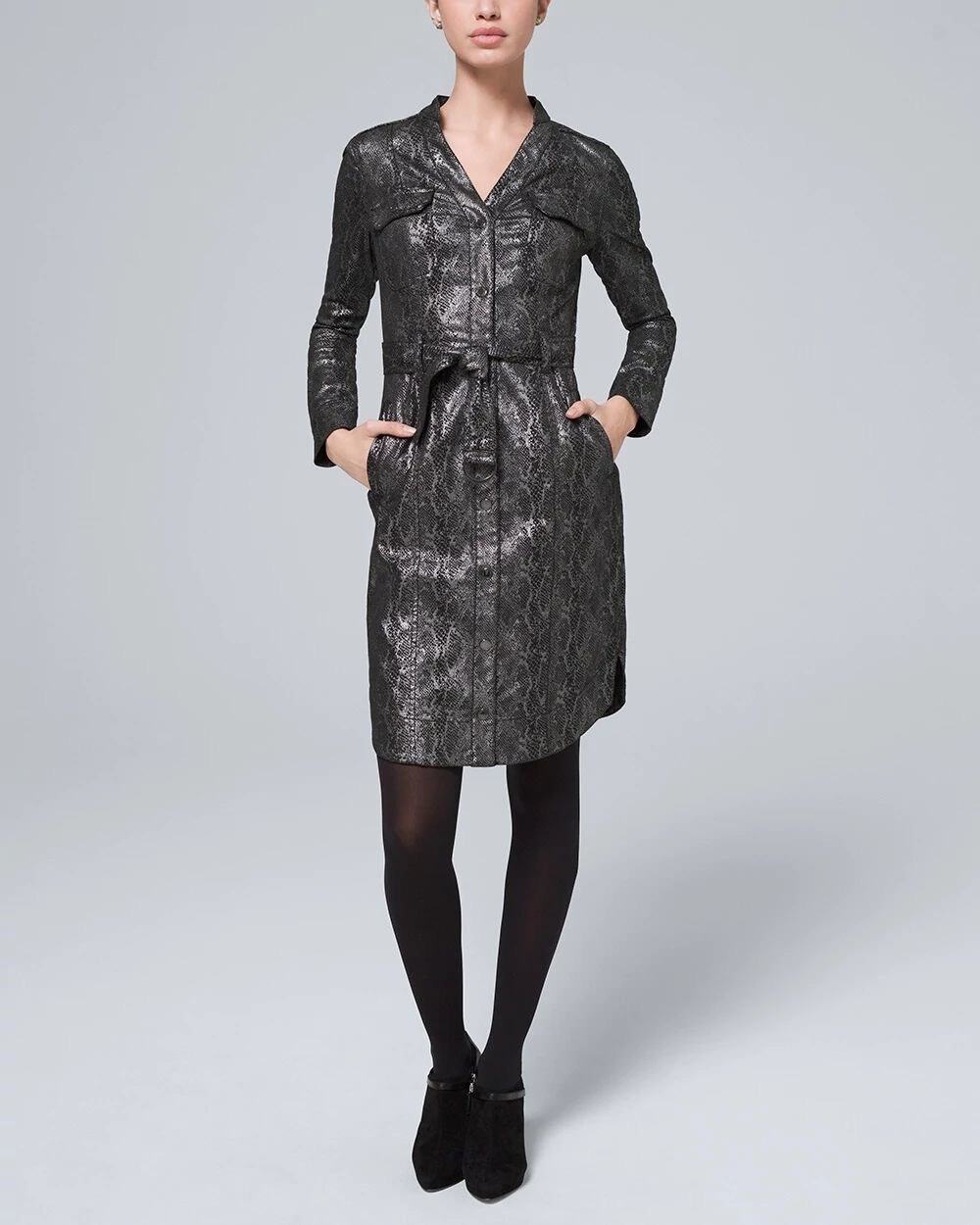 White House Black Market Animal-Print Foil Shirt Dress Silver Black Snake Size 6